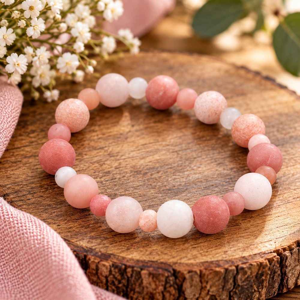 Pink frosted glass Beaded Stretch Bracelet Rose Peach Cream Boho Stackable Sz 7